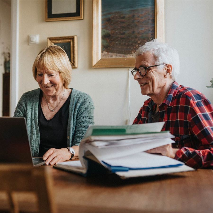 Eldre mann og kvinne ser på en datamaskin